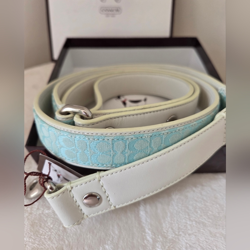 COACH Signature Miniature Logo Aqua & White Genuine Leather Silver Dog Leash New